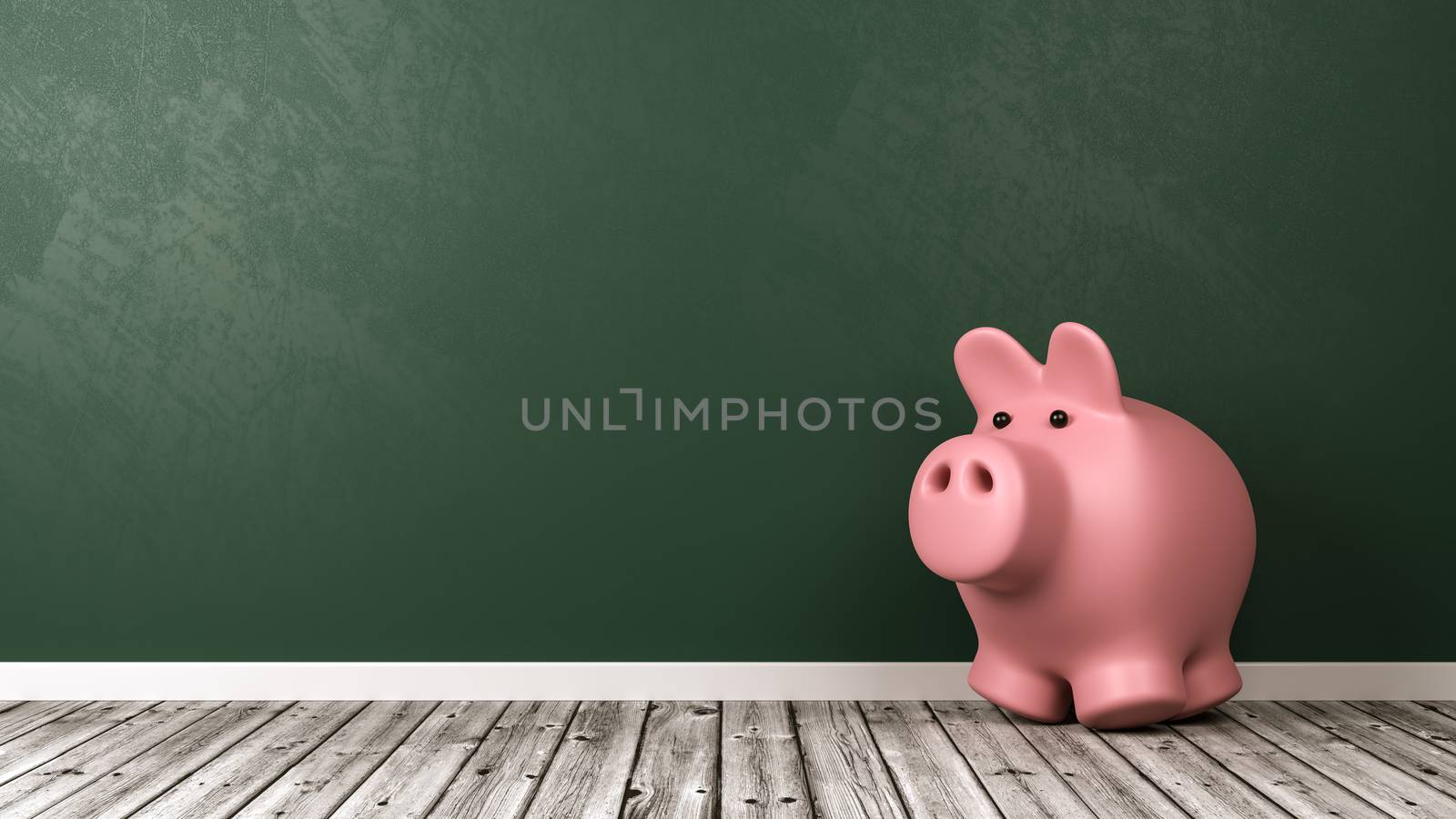 Pink Piggy Bank on Wooden Floor Against Green Wall with Copyspace 3D Illustration