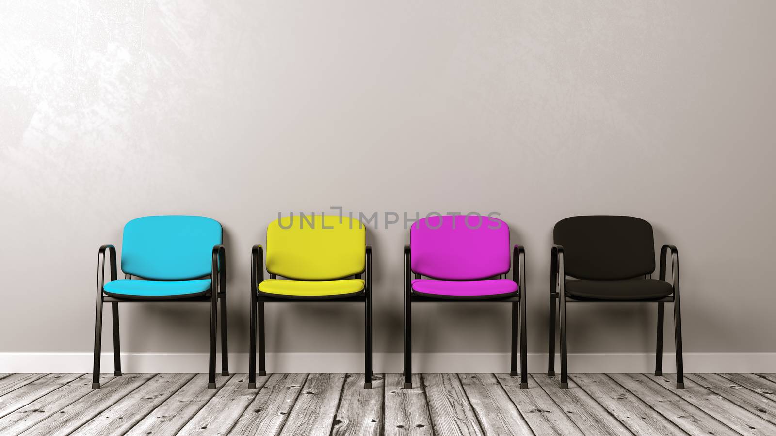 Four CMYK Colored Chairs on Wooden Floor Against Grey Wall with Copyspace 3D Illustration
