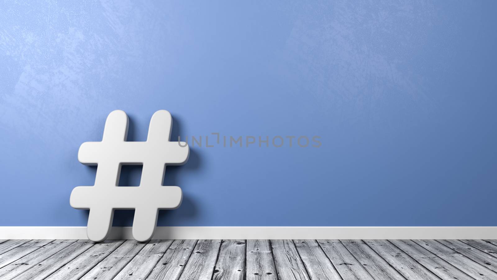 White Hash Symbol Shape on Wooden Floor Against Blue Wall with Copyspace 3D Illustration