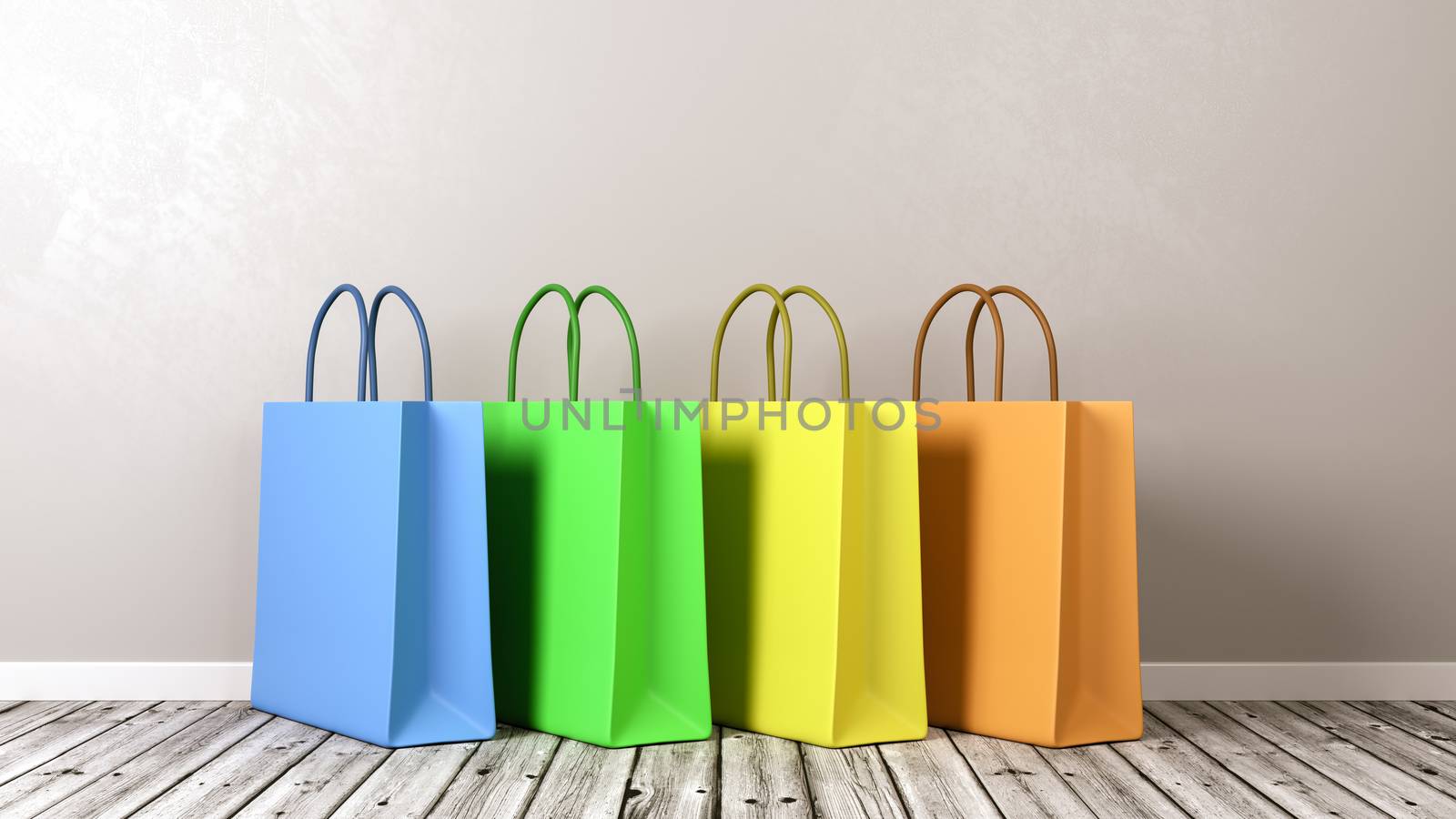 Colorful Shopping Bags on Wooden Floor Against Grey Wall with Copyspace 3D Illustration