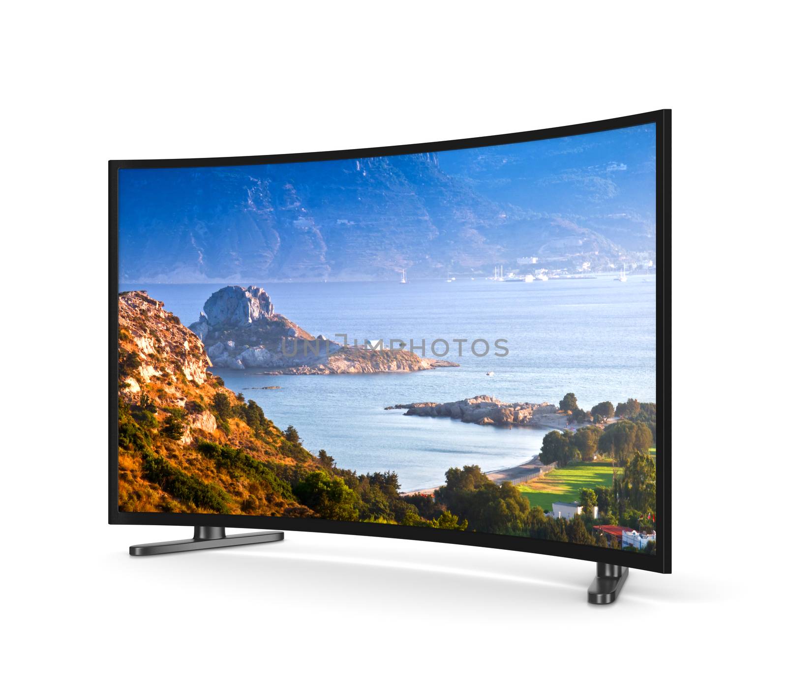 Modern Tv Set with Curved Screen Showing Kos Greek Island Landscape on White Background 3D Illustration