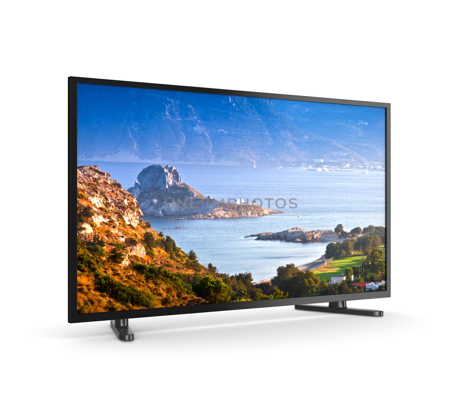 Tv Set with Screen Showing Greek Island Landscape by make