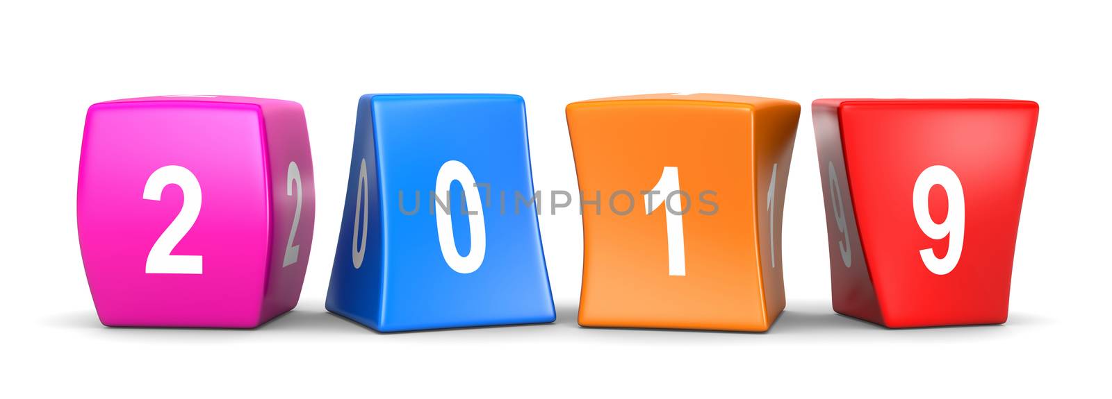 2019 White Text on Colorful Deformed Funny Cubes 3D Illustration on White Background