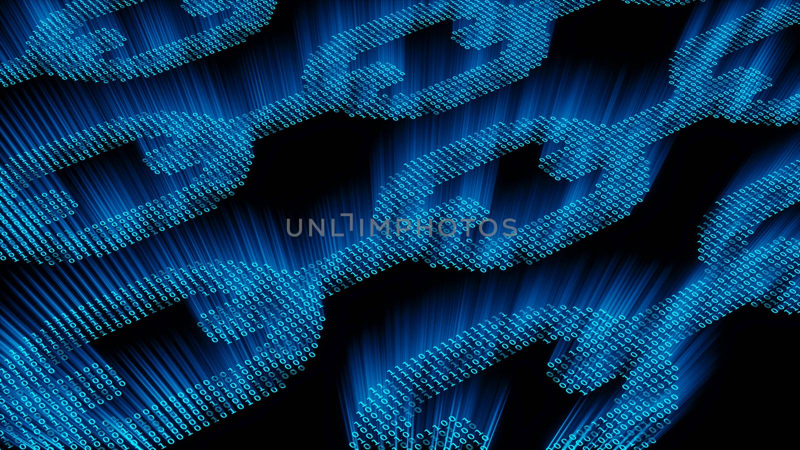 Bright Blue Chain of Binary Code Emitting Rays on Black Background, Blockchain Technology Concept