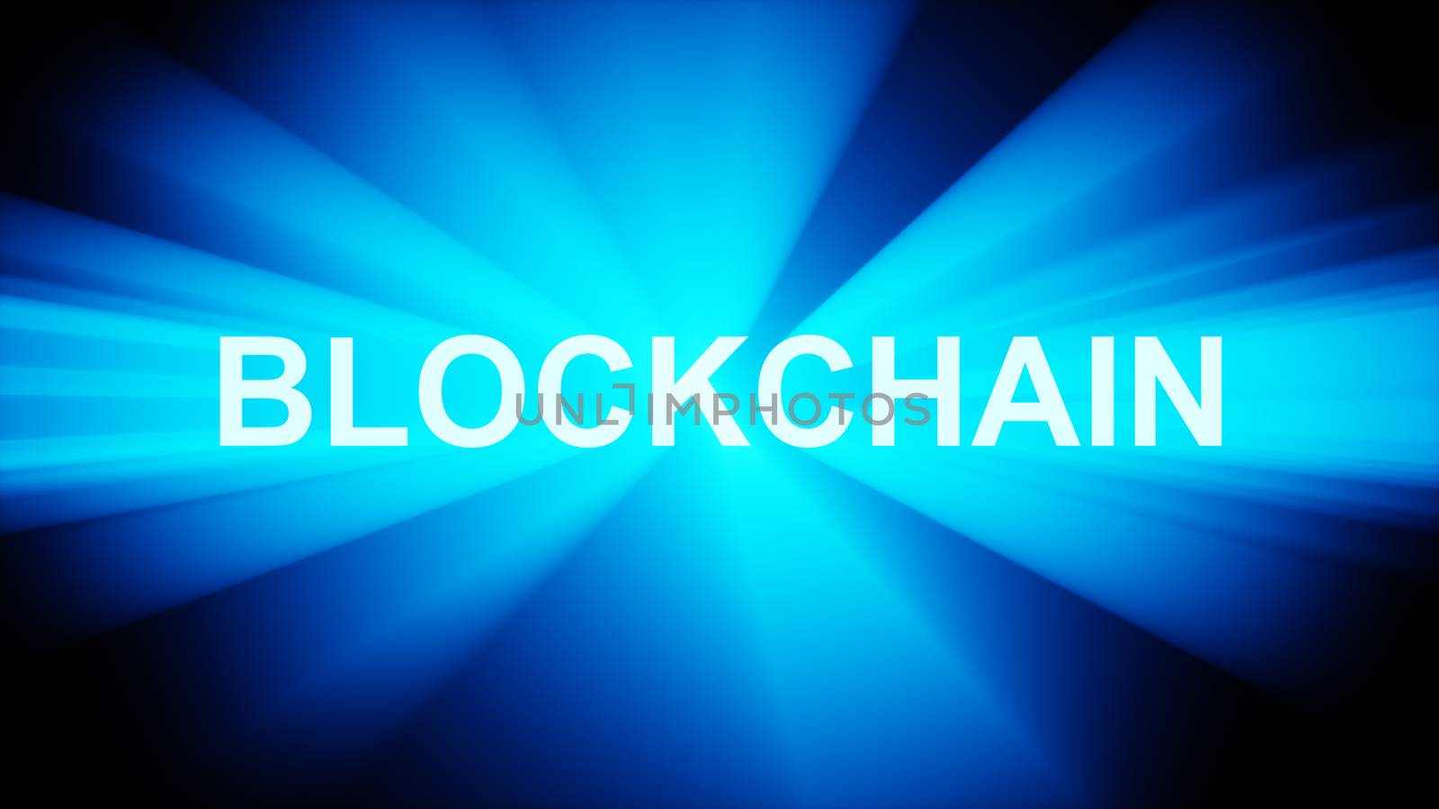 Blockchain Text Emitting Blue Bright Rays on Black Background