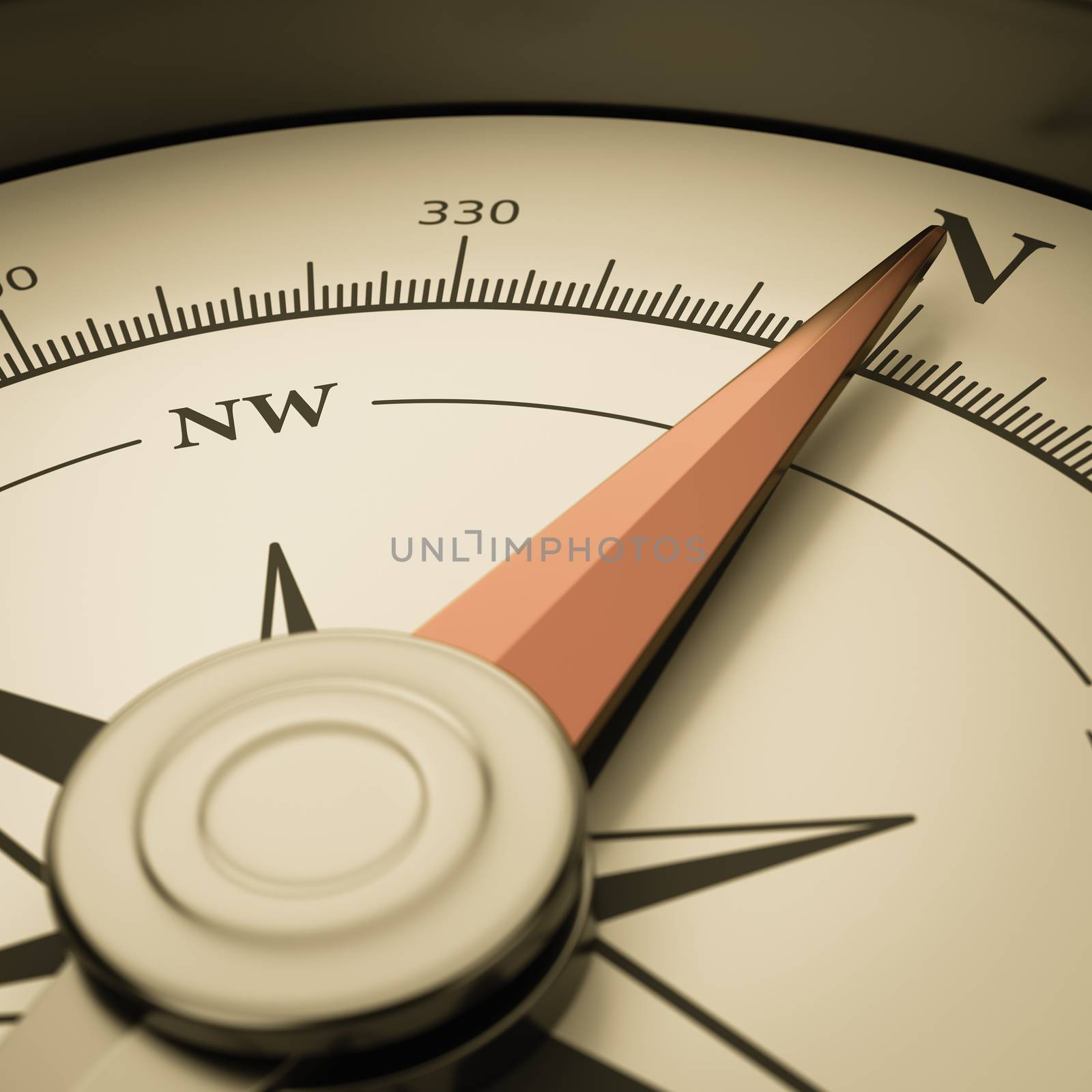 Vintage Metallic Compass with Red Magnetic Needle Pointing Toward the North Close-up 3D Illustration