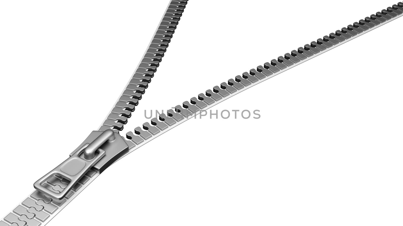 Open Metal Zip Isolated on White Background Template 3D Illustration