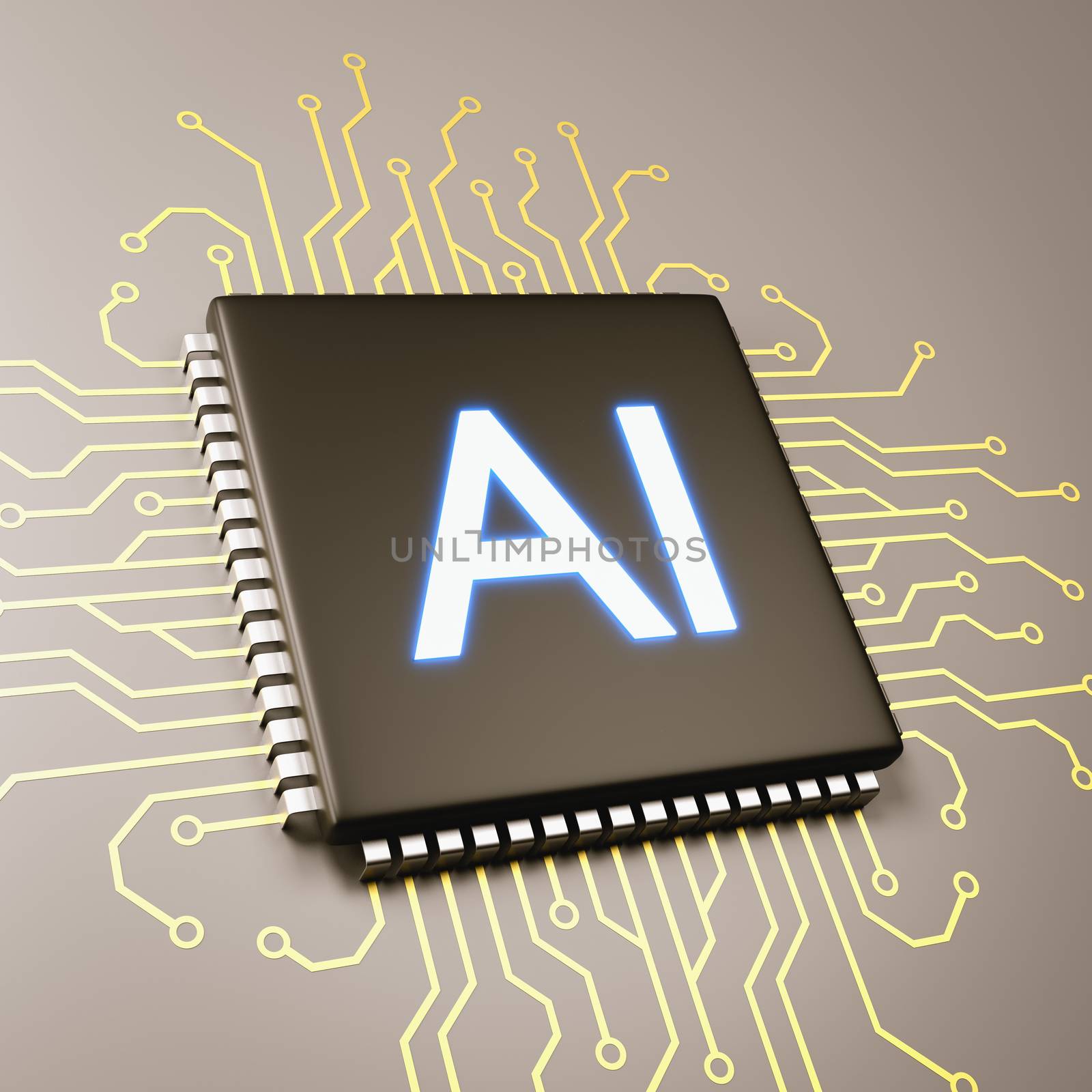 Computer Processor with AI Text 3D Illustration, Artificial Intelligence Concept