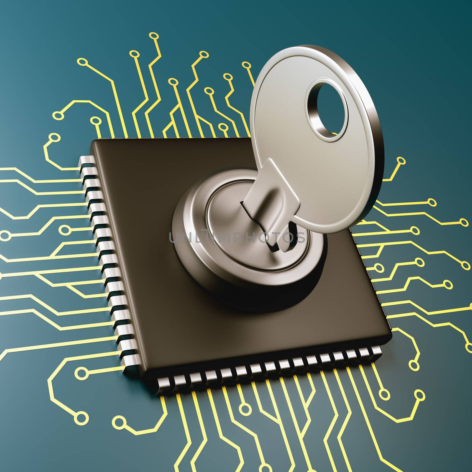 Computer Processor with Key 3D Illustration, Security Concept