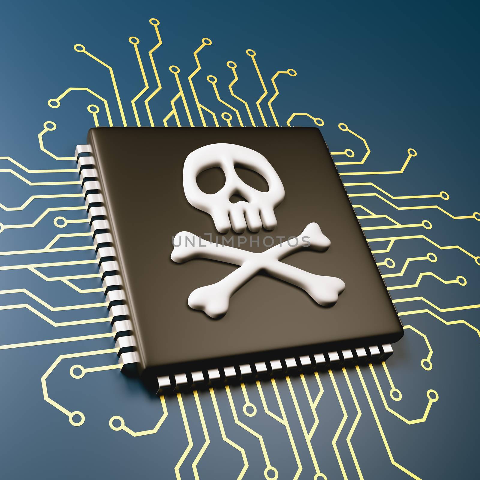 Computer Processor with Pirate Symbol Skull 3D Illustration, Security Concept