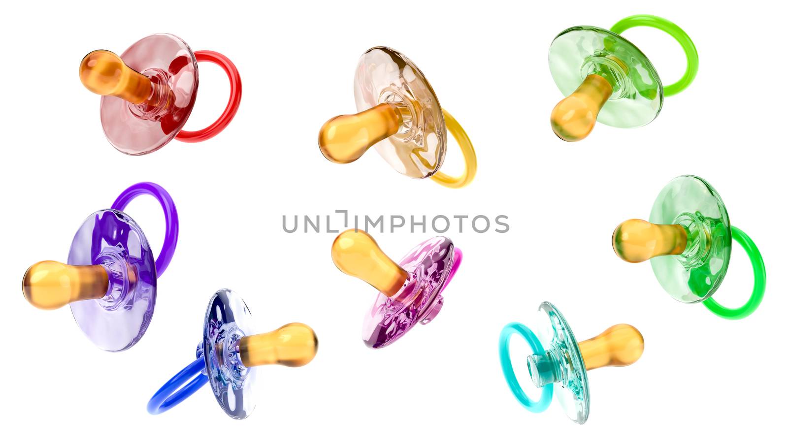 Colorful Baby's Pacifiers Isolated on White Background, 3D Illustration