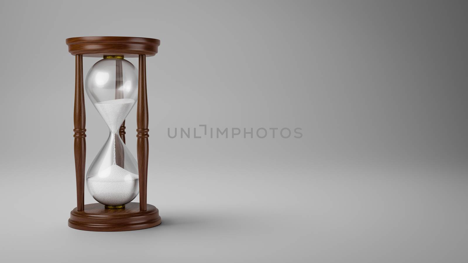 Classic Wooden Hourglass with White Sand on Gray Background with Copyspace Studio Shot 3D Illustration