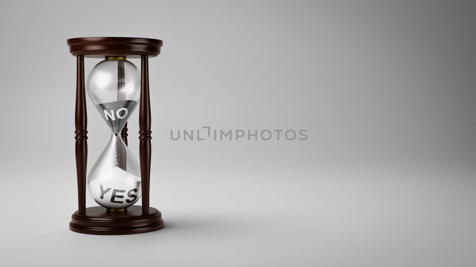 Hourglass with Black and White No and Yes Text in the Sand on Gray Background with Copyspace 3D Illustration, Change Opinion Over Time Concept