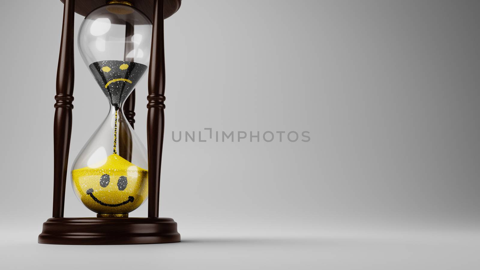 Hourglass with Yellow and Black Angry to Happy Emoticons in the Sand on Gray Background with Copyspace 3D Illustration, Change of Mood Over Time Concept