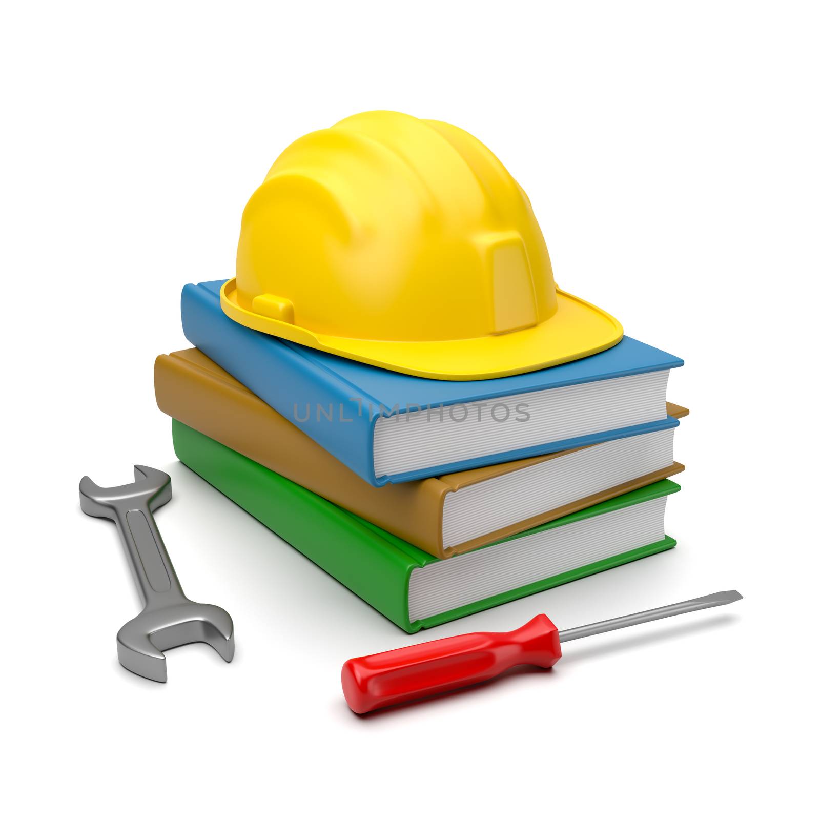 Stack of Books with a Yellow Hard Hat, a Spanner and a Screwdriver on White Background 3D Illustration, Working While Studying Concept