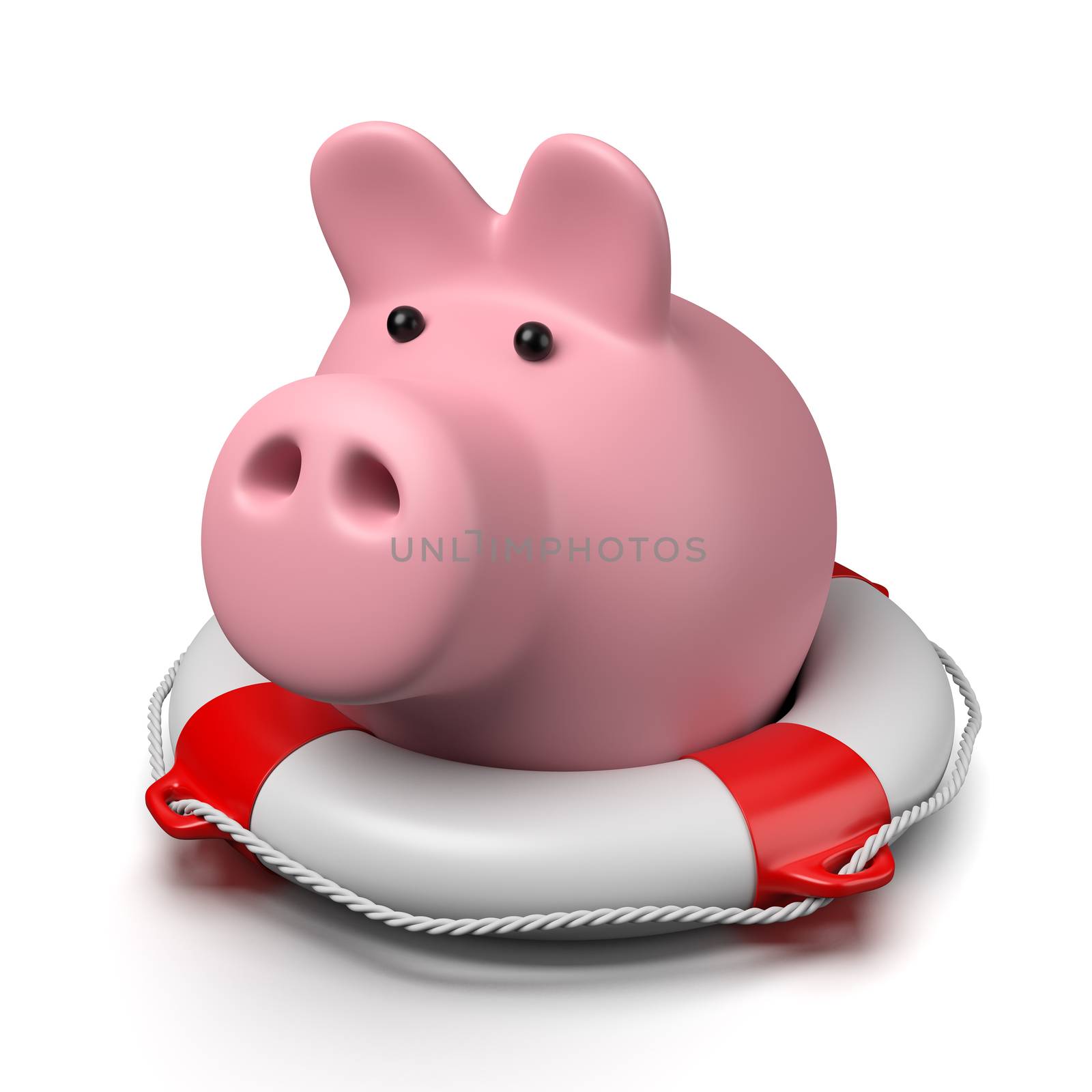 Pink Piggy Bank on a Lifebuoy on White Background 3D Illustration