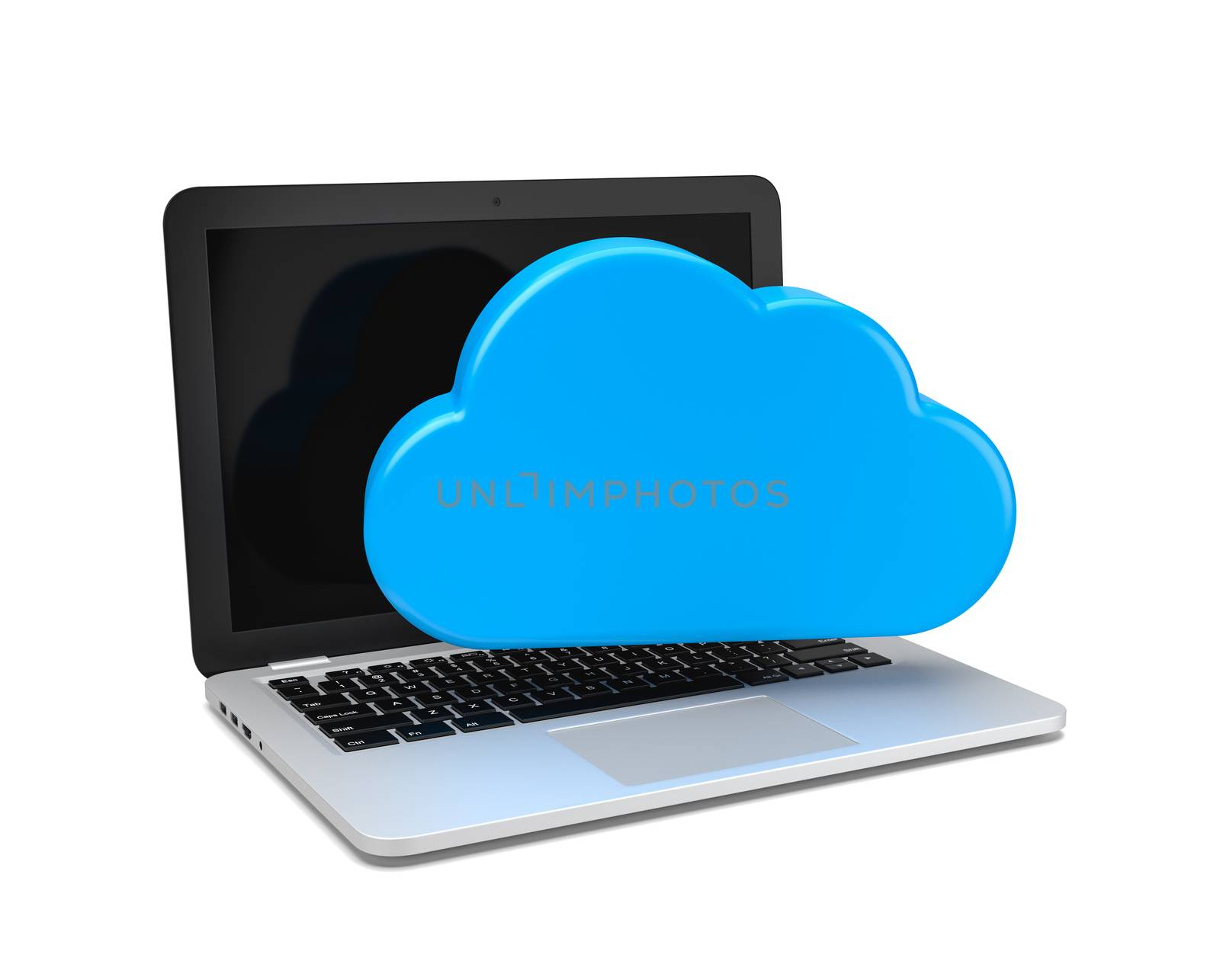 Laptop Computer with a Blue Cloud 3D Illustration, Cloud Computing Concept