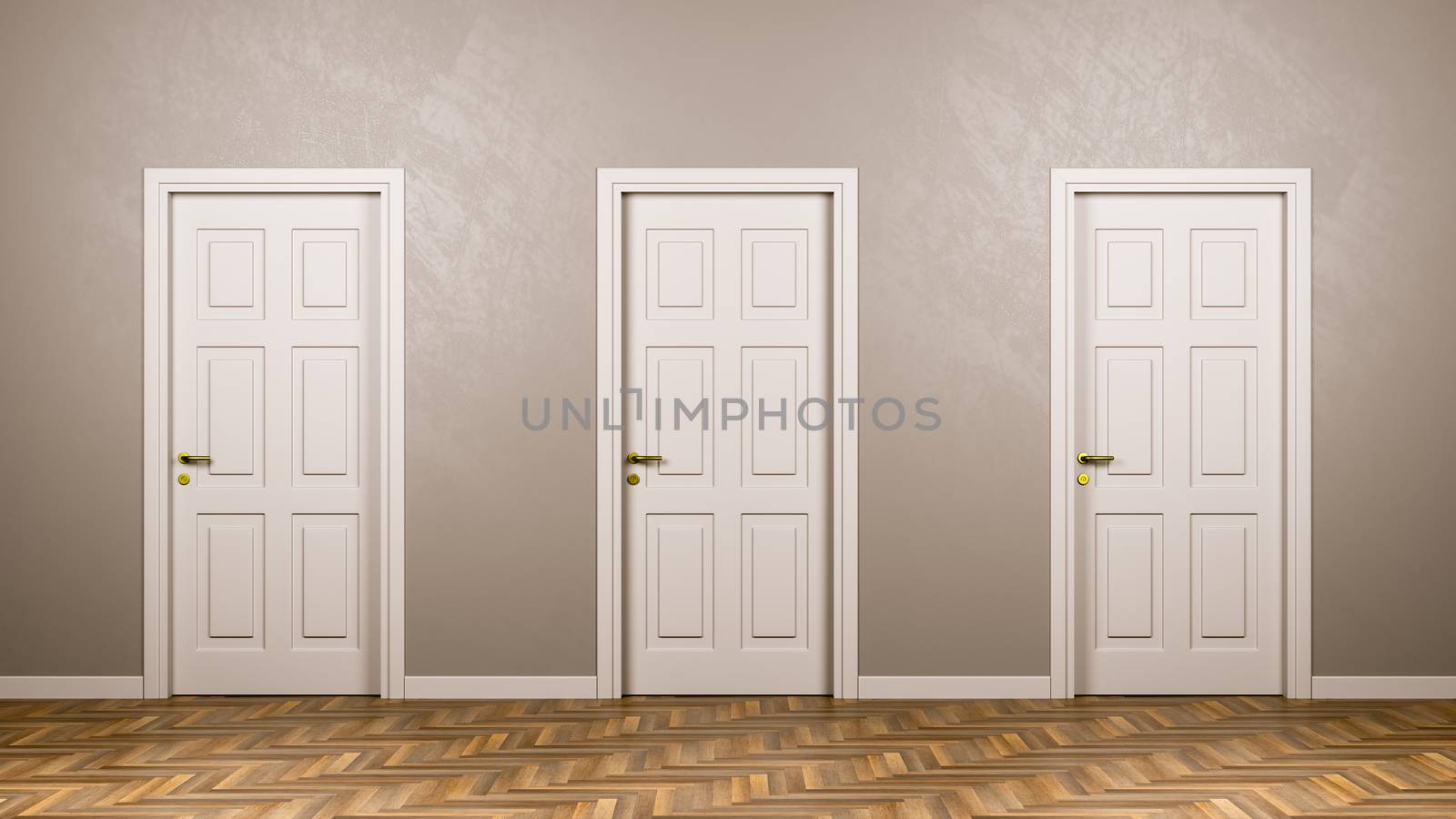 Three Closed White Doors in Front in the Room by make