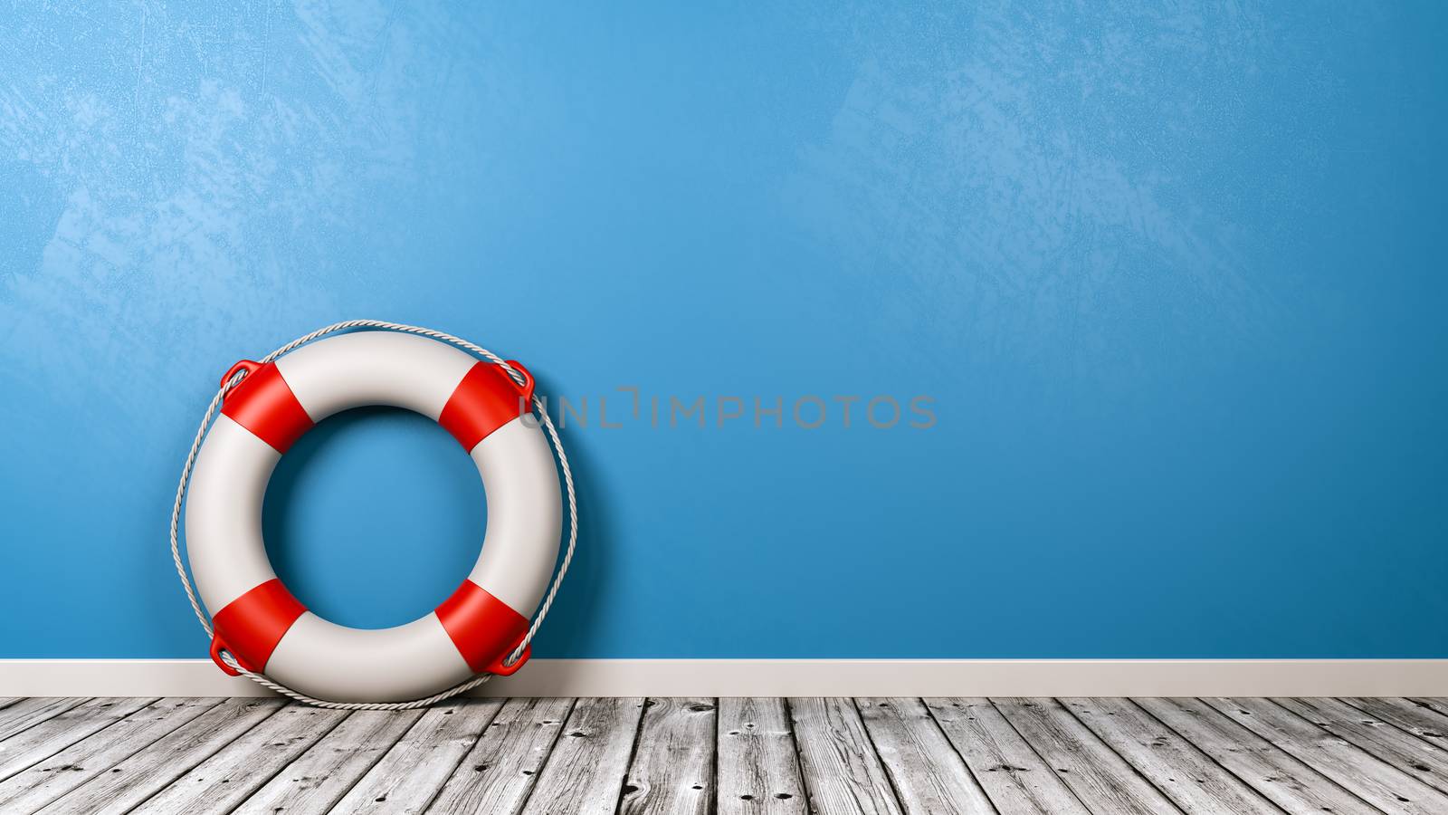 Lifebuoy on Wooden Floor Against Blue Wall with Copy Space 3D Render