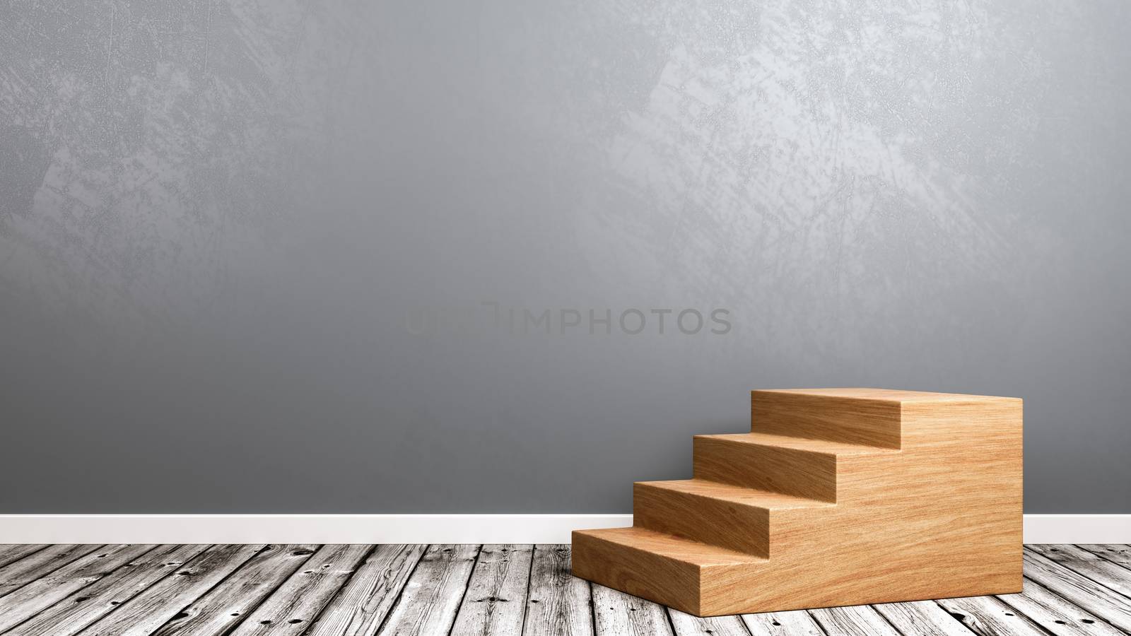 Wooden Staircase on Wooden Floor Against Gray Wall with Copy Space 3D Illustration