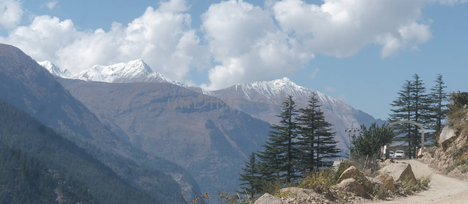 Scenic Himalayan mountain valley landscape background. Rectangular Panorama. Khumbu valley (Everest Region), northeastern side of Nepalese Mount Everest. Sagarmatha Zone, Solukhumbu District Nepal by sudiptabhowmick