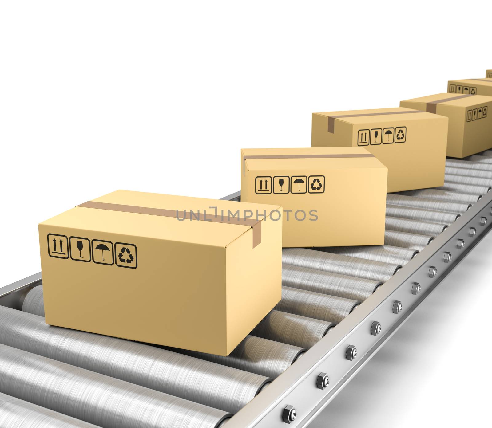 Cardboard Box on Conveyor Belt 3D Illustration on White Background