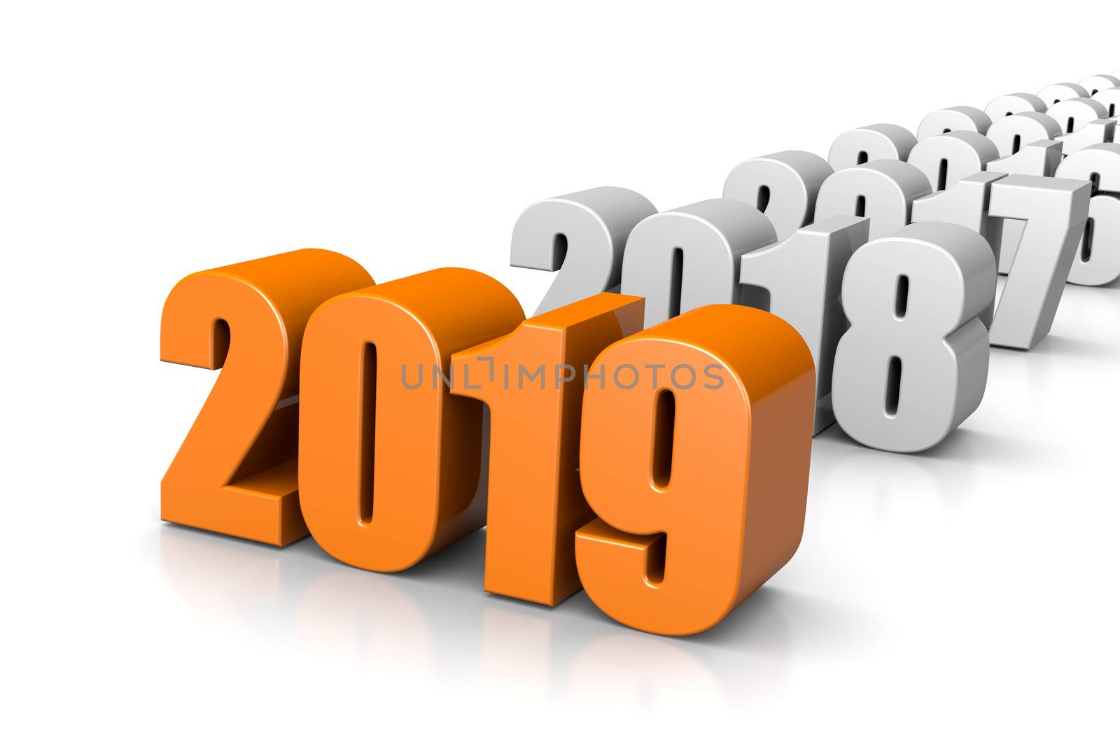 Orange 2019 Year Number Text Time Passes Concept on White Background 3D Illustration