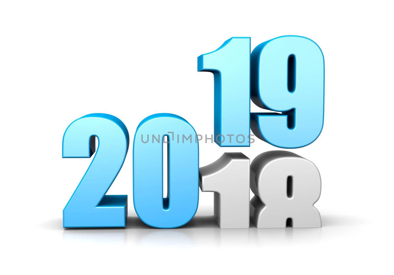 Blue 2019 Year Number Text on Top of 2018 on White Background 3D Illustration. Time Passes Concept