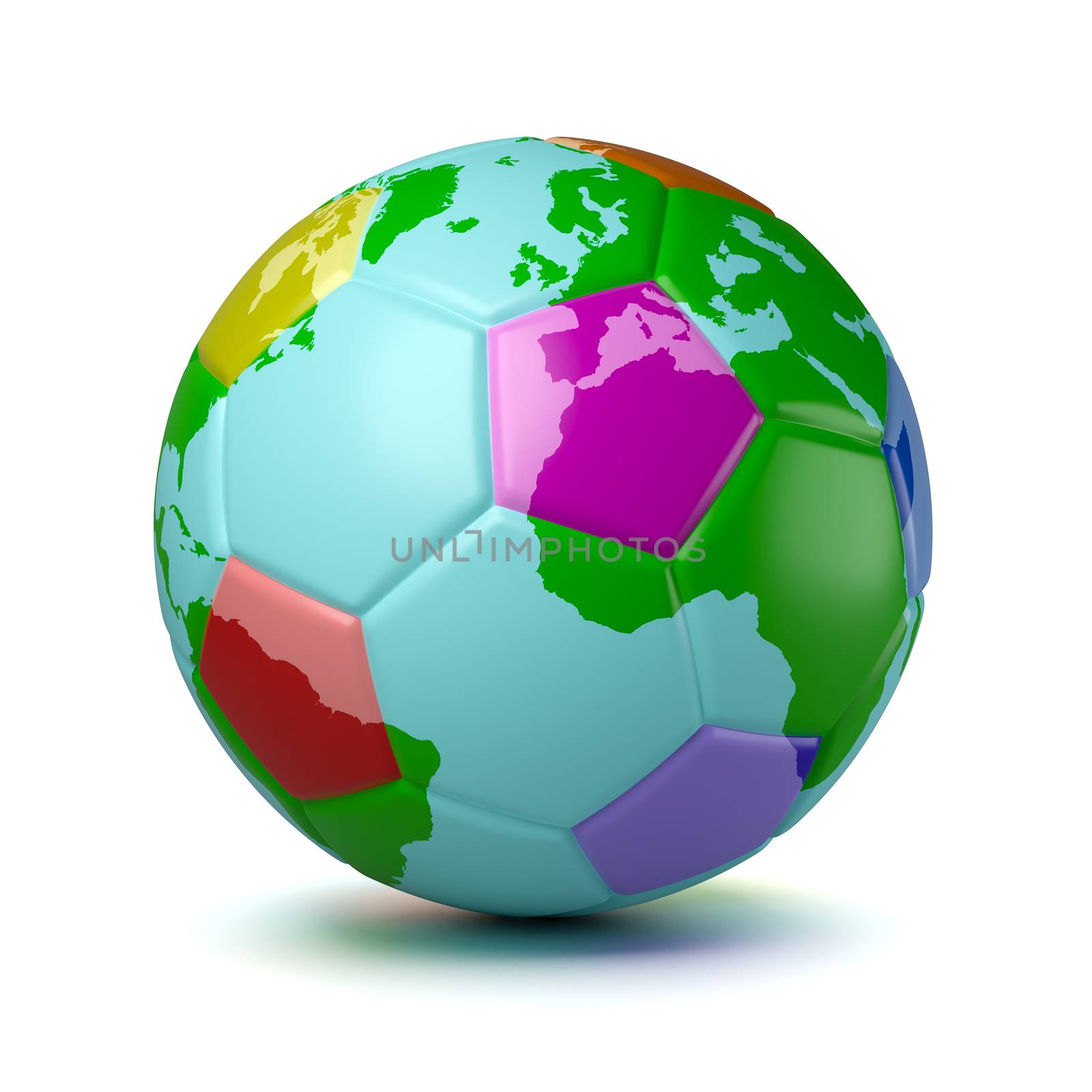 Colorful Soccerball with World Map 3D Illustration on White Background