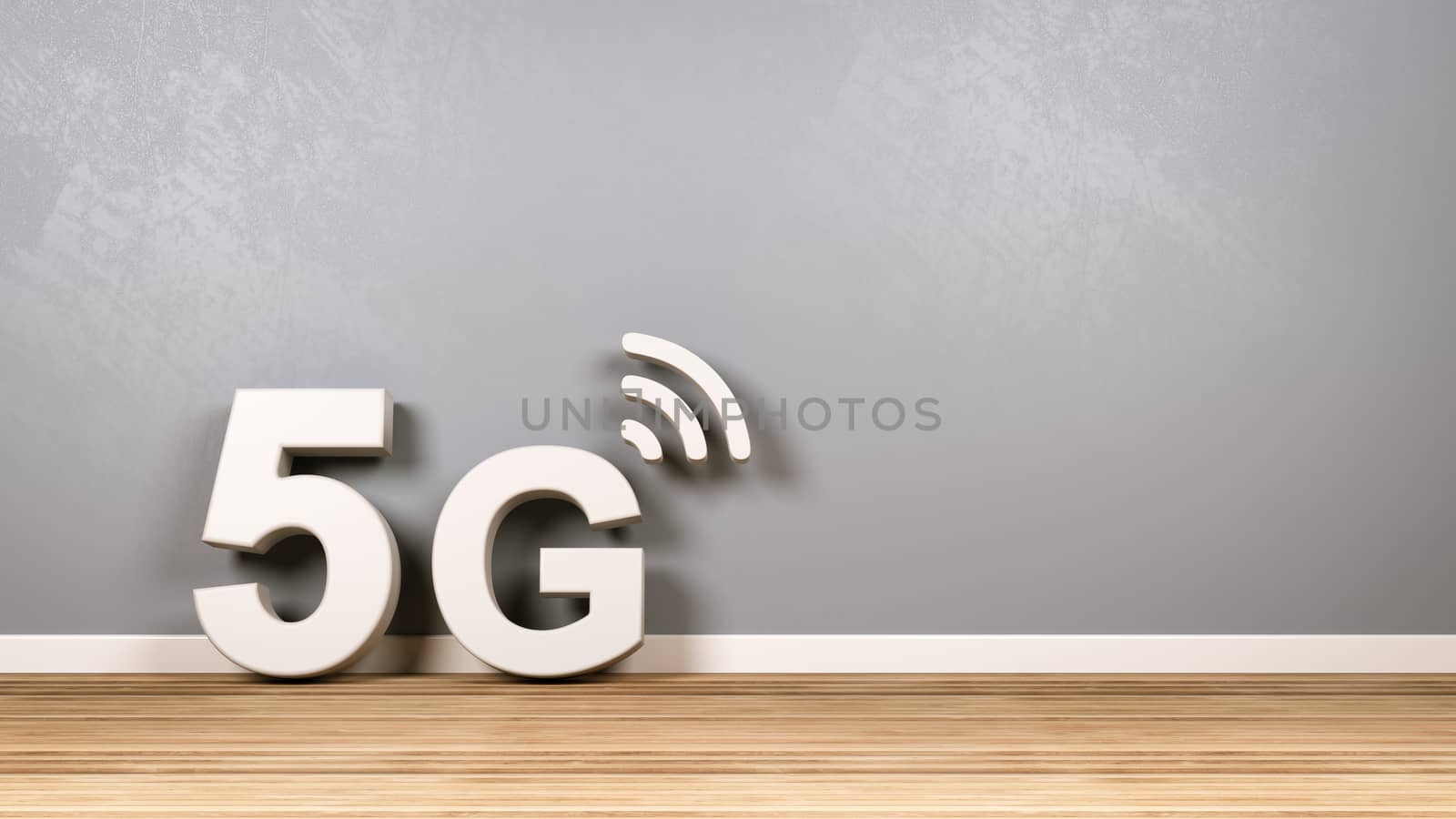 5G Text on Wooden Floor Against Wall by make