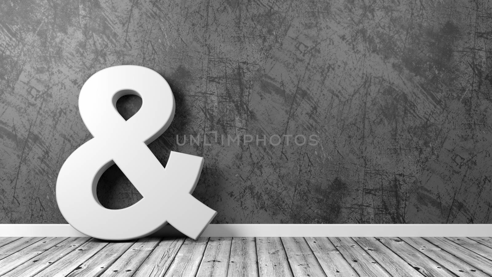 White Ampersand Symbol Shape on Wooden Floor Against Gray Wall with Copy Space 3D Illustration