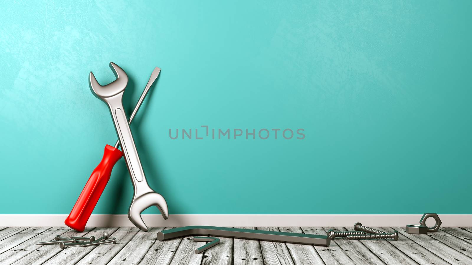 Work Tools on Wooden Floor Against Blue Wall with Copy Space 3D Illustration