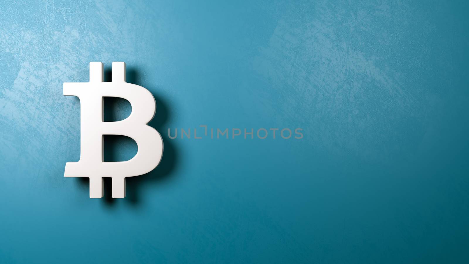 White Bitcoin Symbol Shape Against Blue Wall with Copy Space 3D Illustration