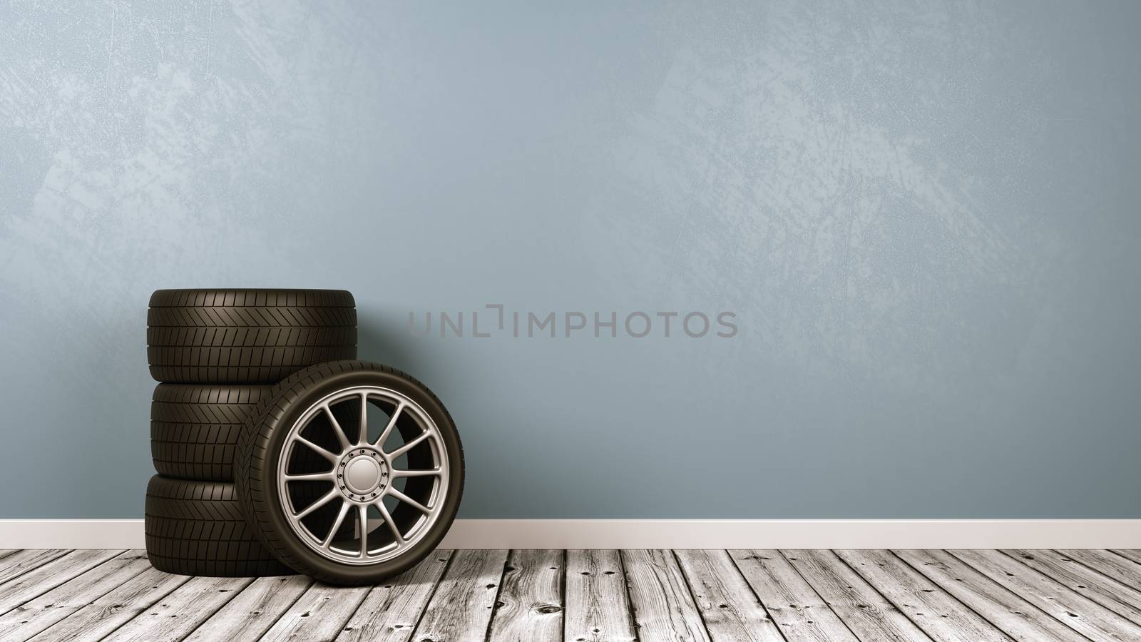 Four Car Wheels on Wooden Floor Against Blue Gray Wall with Copy Space 3D Illustration