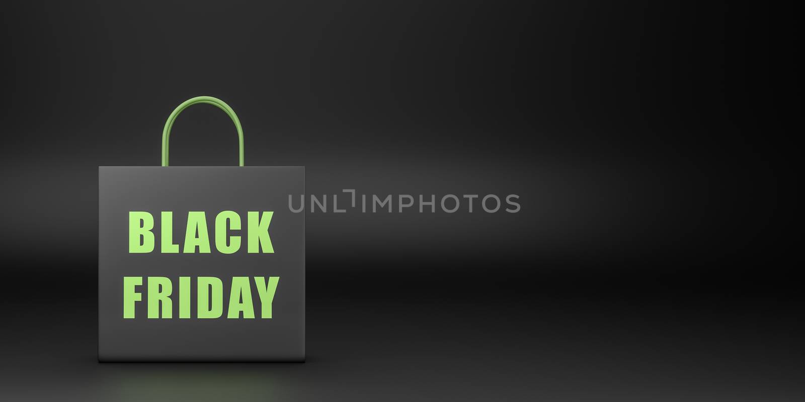 One Black Shopping Bag with Black Friday Text on Black Background with Copyspace 3D Illustration