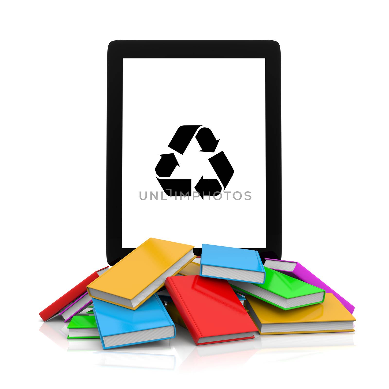 Tablet Computer with Recycle Symbol on top of a Pile of Books by make