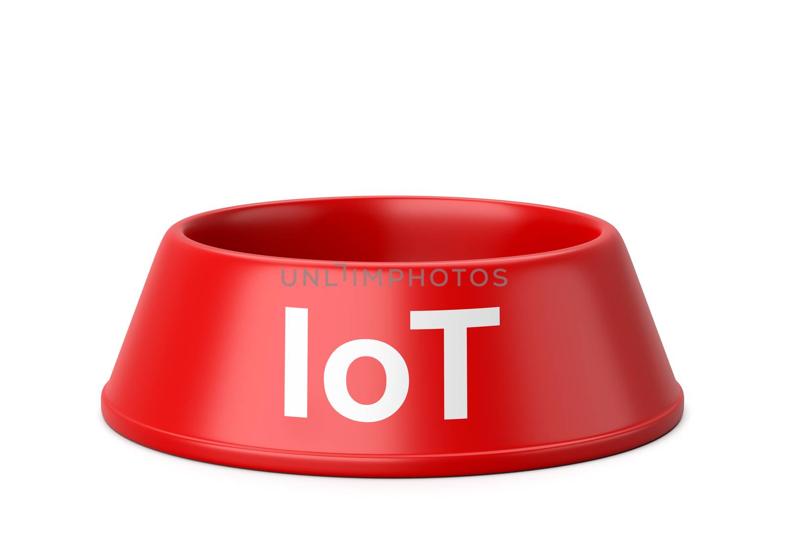 Empty Red Plastic Pets Bowl with IoT Text Isolated on White Background 3D Illustration, Internet of Things Concept