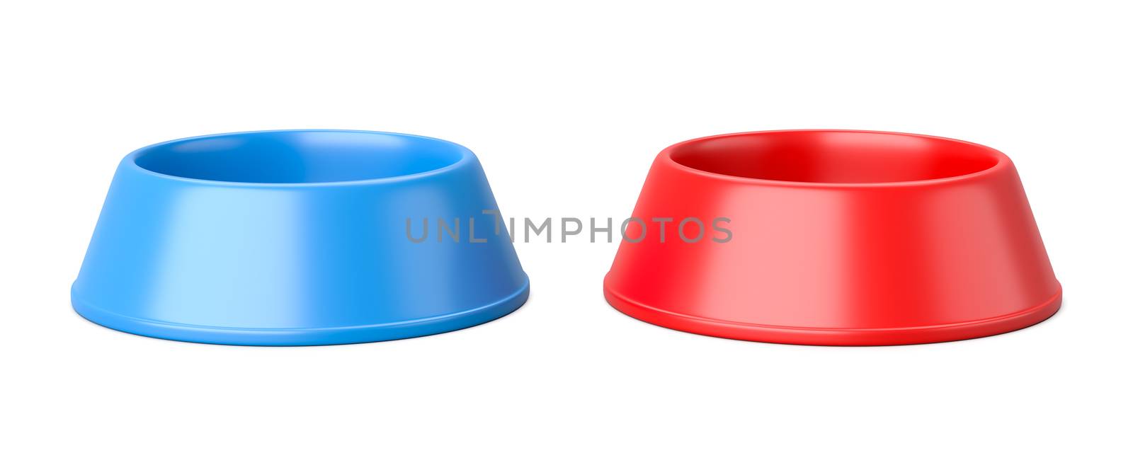 Two Empty Plastic Pets Bowl Isolated on White Background 3D Illustration