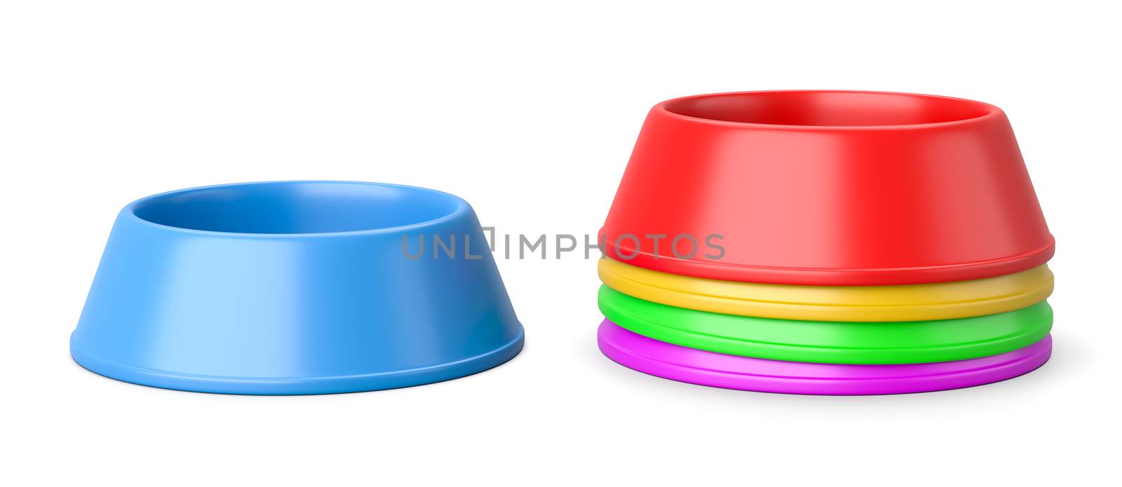 Stack of Colorful Plastic Pets Bowls Isolated on White Background 3D Illustration