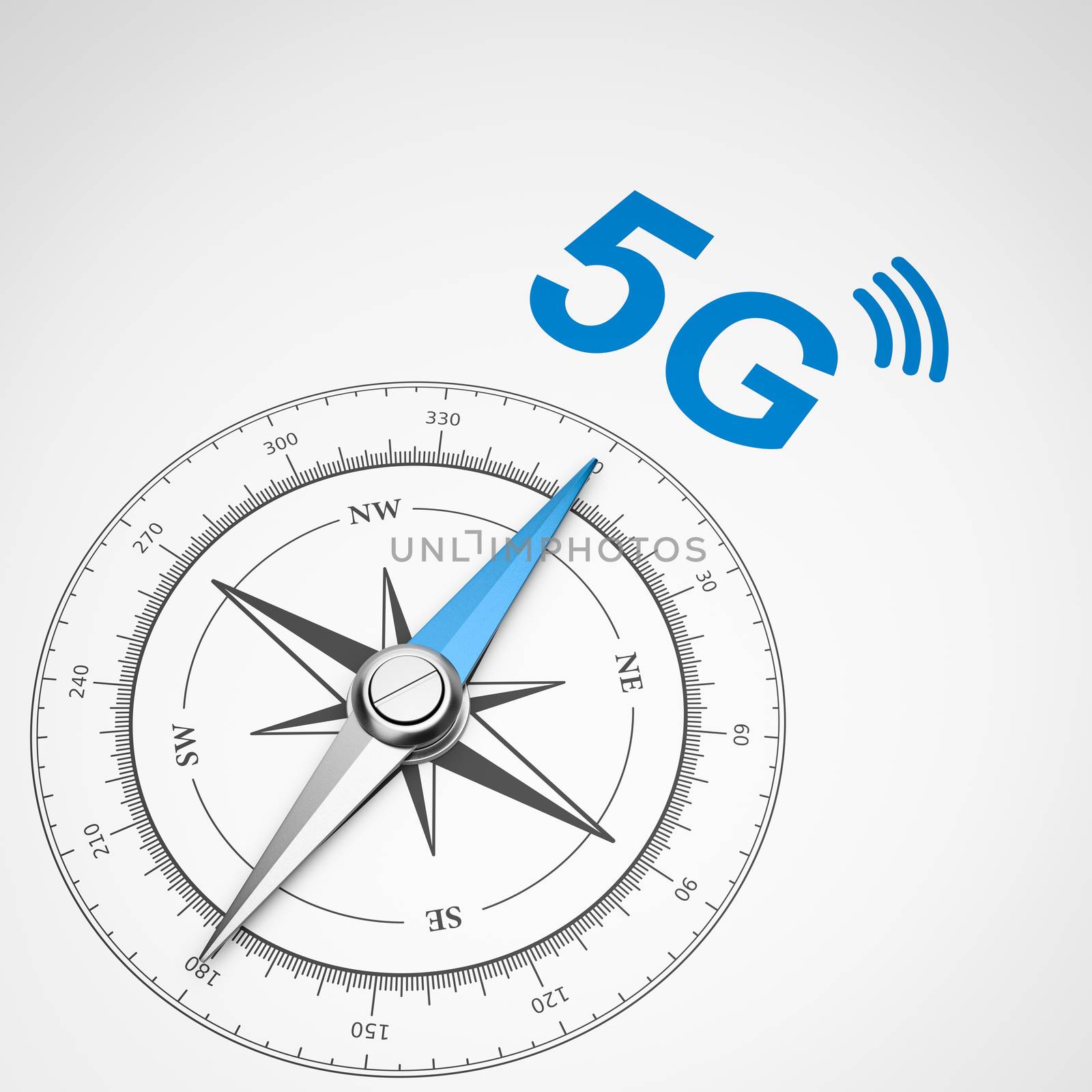 Magnetic Compass with Needle Pointing Blue 5G Text on White Background 3D Illustration