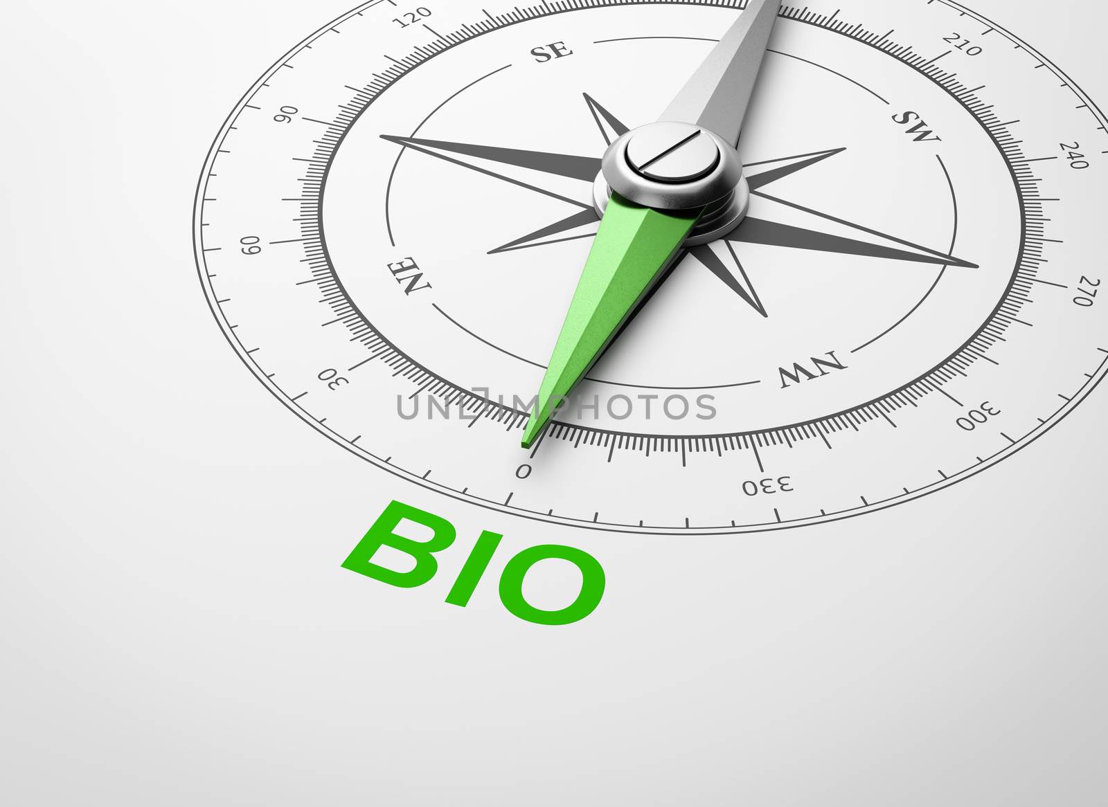 Magnetic Compass with Needle Pointing Green Bio Word on White Background 3D Illustration