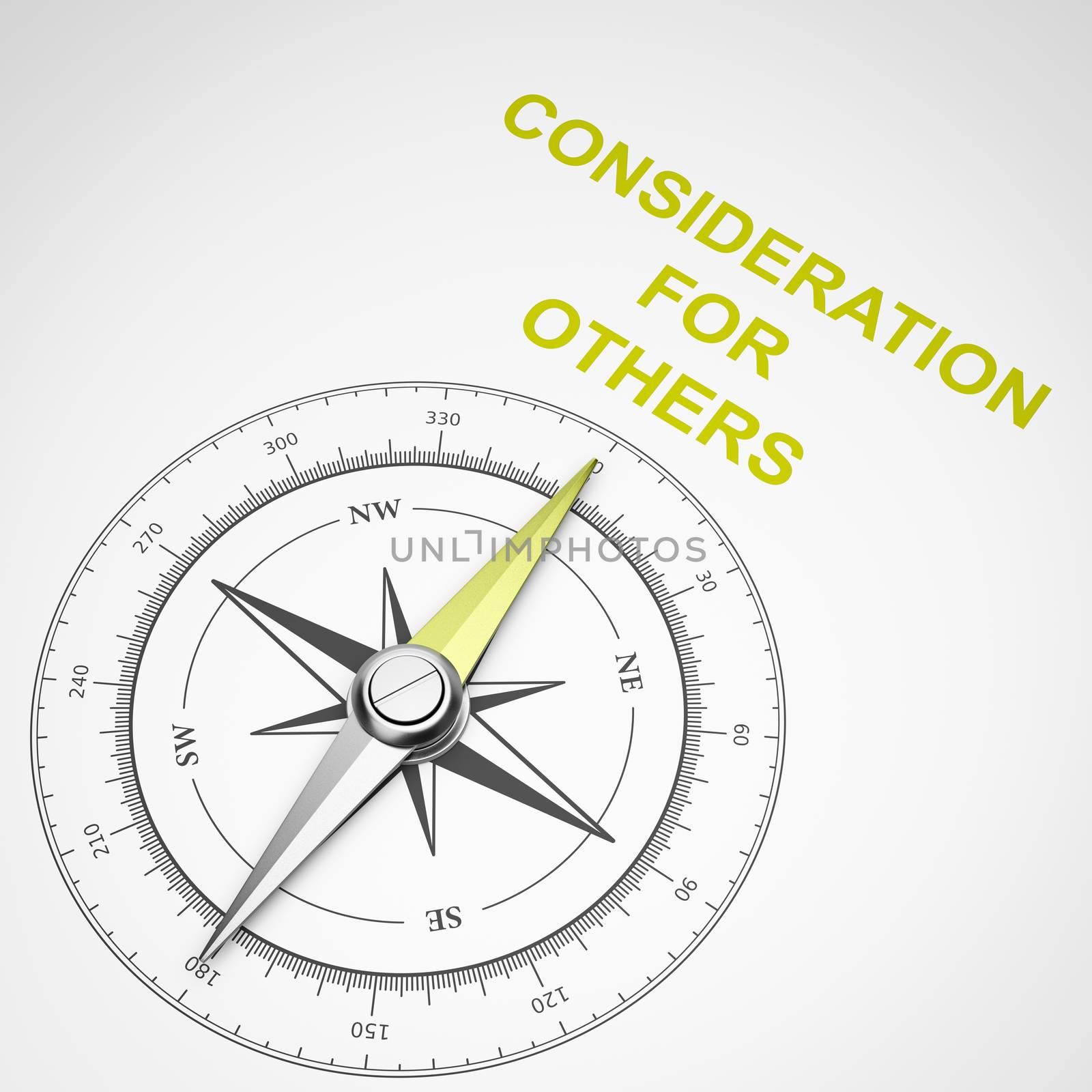Magnetic Compass with Needle Pointing Yellow Consideration for Others Text on White Background 3D Illustration