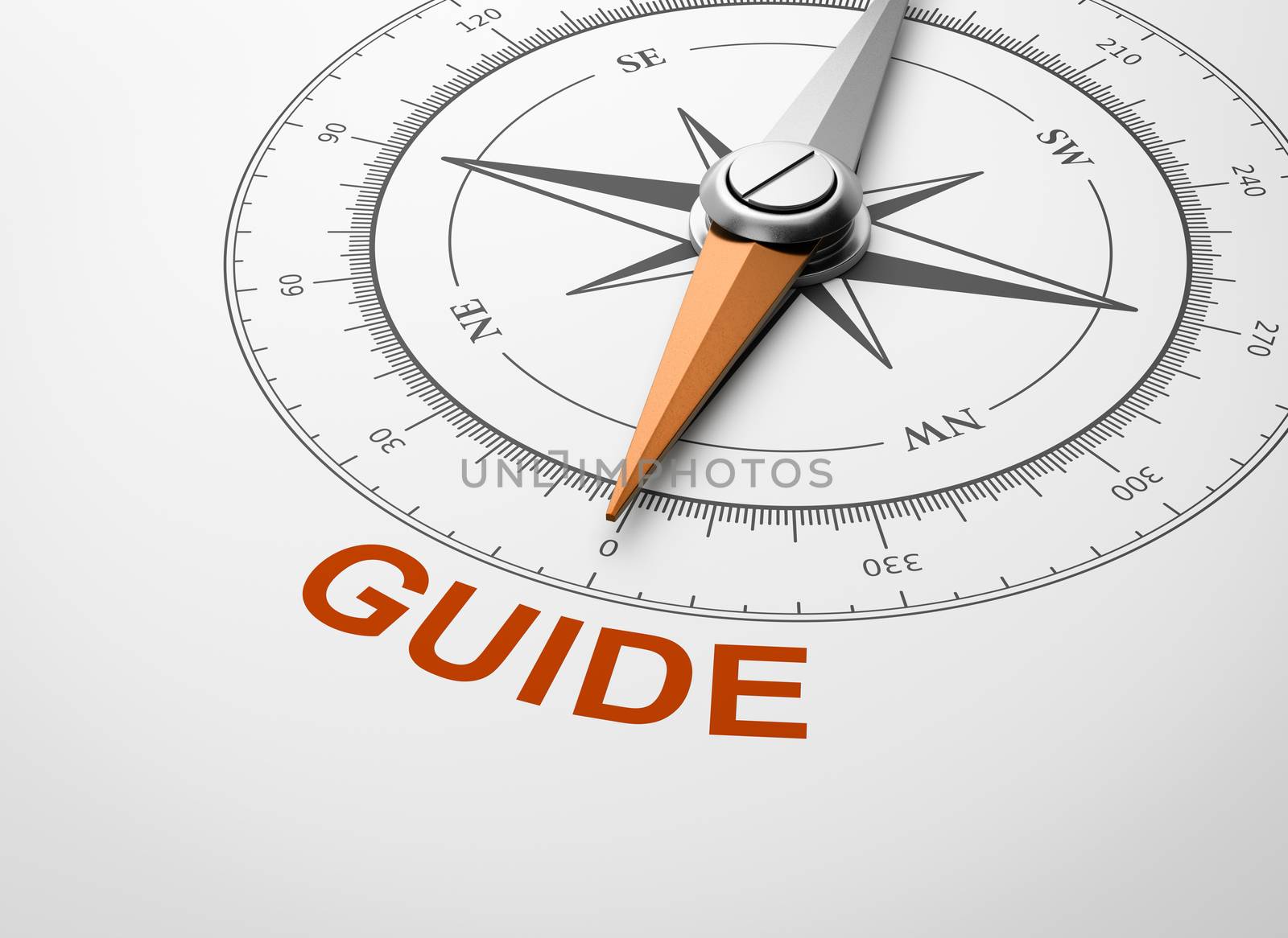 Magnetic Compass with Needle Pointing Orange Guide Word on White Background 3D Illustration