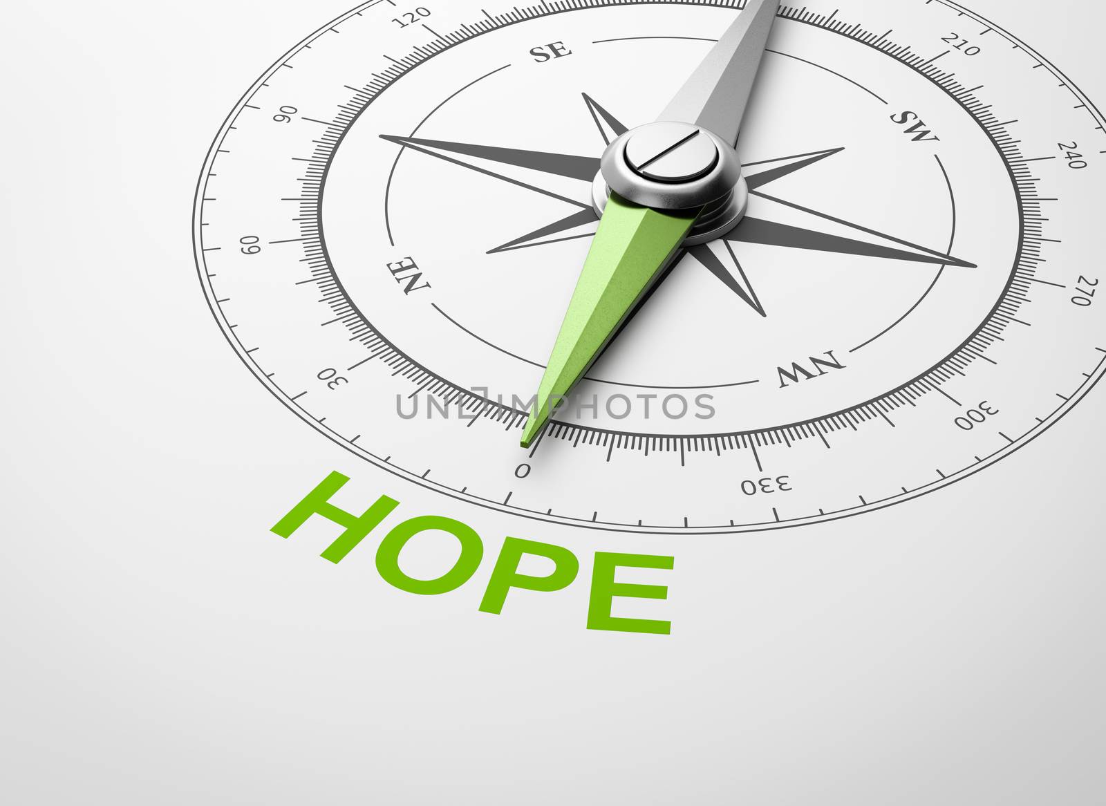 Magnetic Compass with Needle Pointing Green Hope Word on White Background 3D Illustration