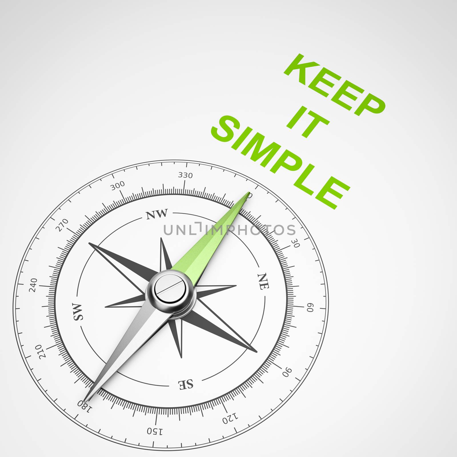 Magnetic Compass with Needle Pointing Green Keep It Simple Text on White Background 3D Illustration