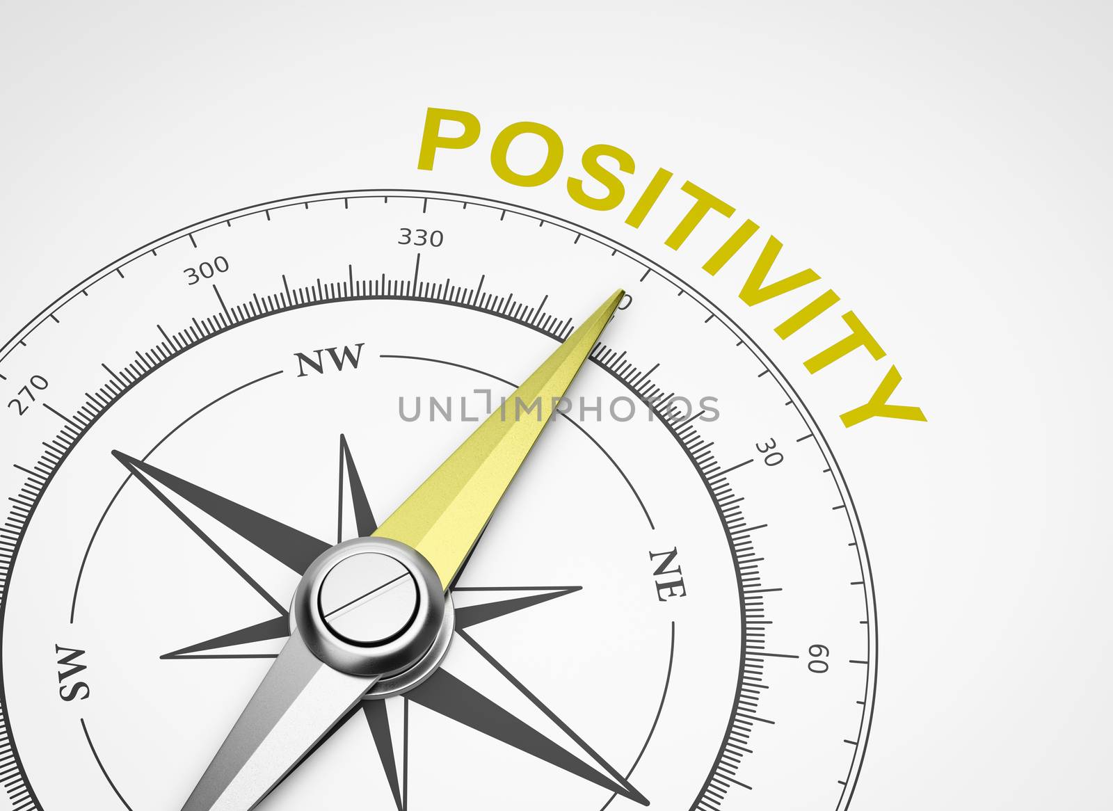 Magnetic Compass with Needle Pointing Yellow Positivity Word on White Background 3D Illustration