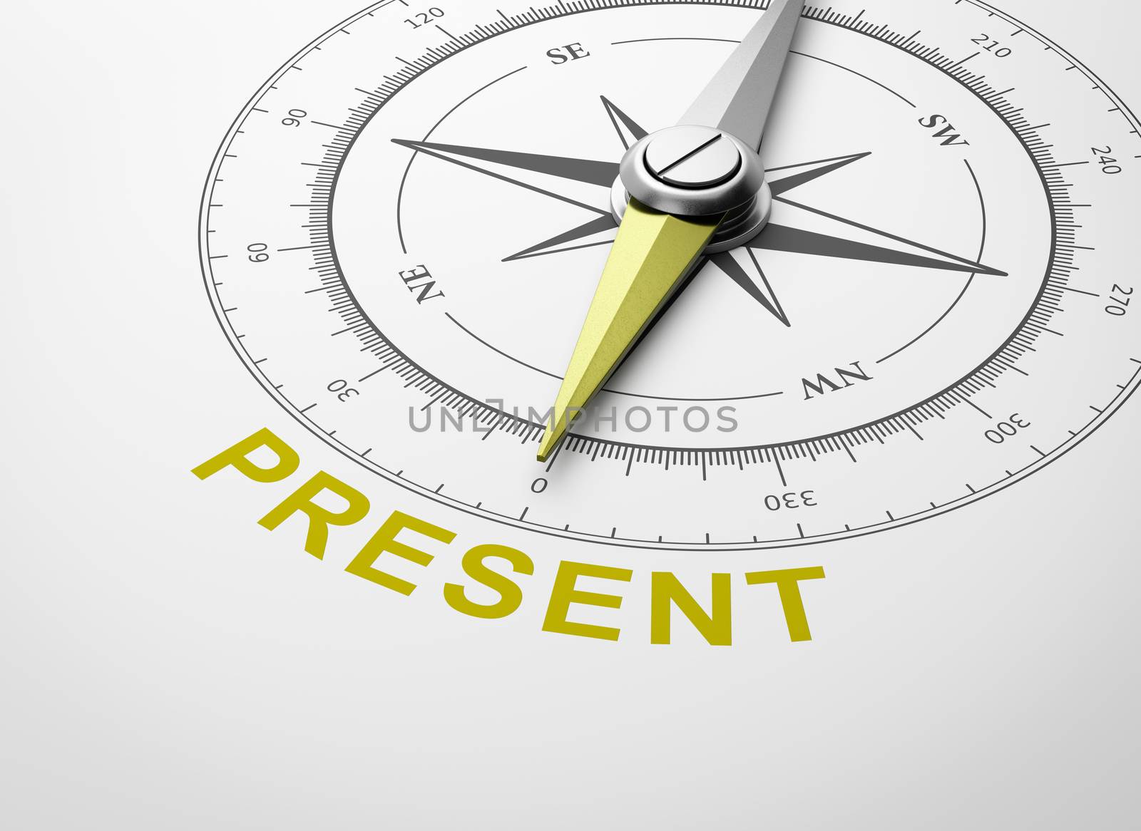 Magnetic Compass with Needle Pointing Yellow Present Word on White Background 3D Illustration