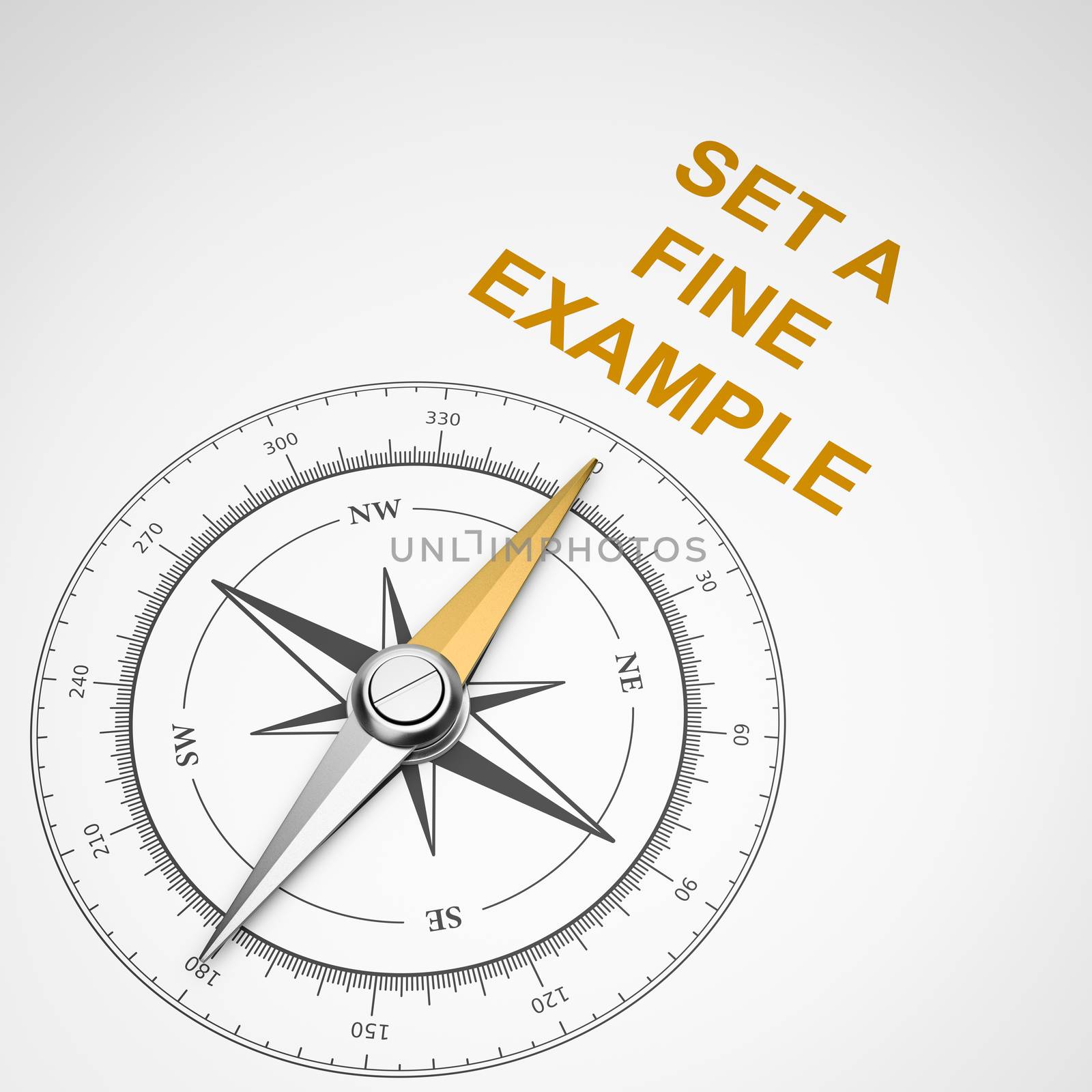 Magnetic Compass with Needle Pointing Orange Set a Fine Example Text on White Background 3D Illustration