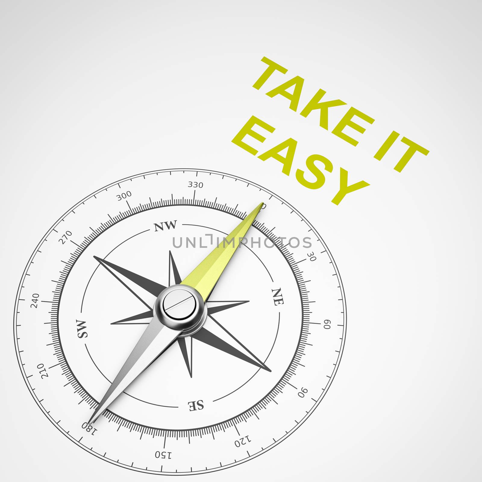 Magnetic Compass with Needle Pointing Yellow Take It Easy Text on White Background 3D Illustration