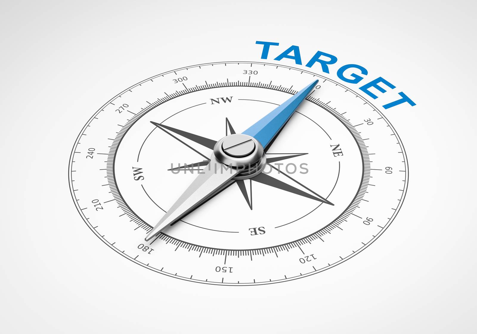 Magnetic Compass with Needle Pointing Blue Target Word on White Background 3D Illustration
